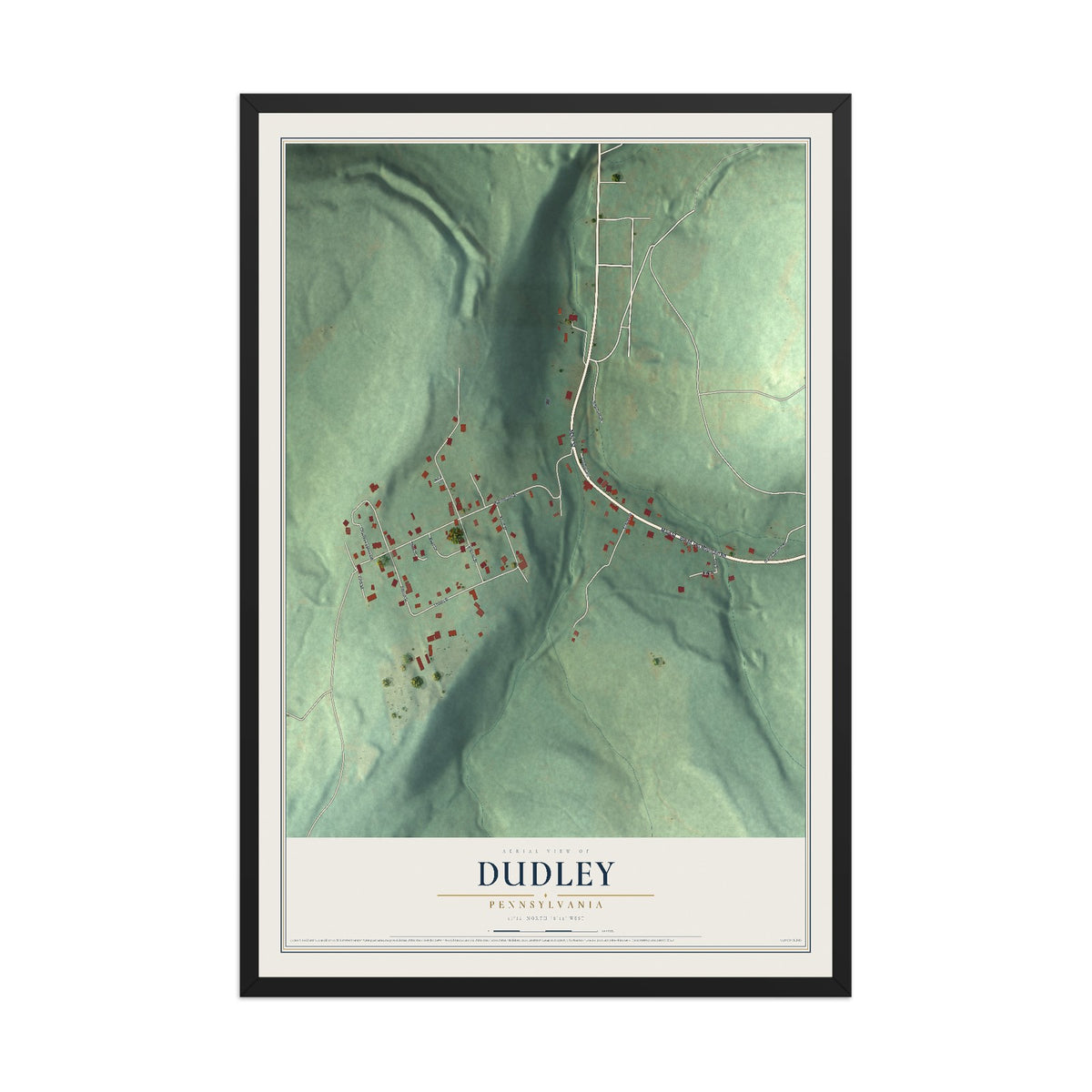 Map of Dudley, Pennsylvania, 12 x 18 inch print in a black wood frame