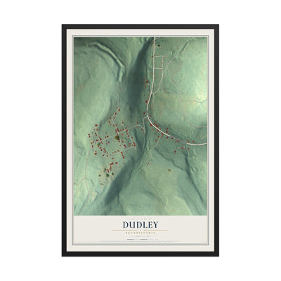 Map of Dudley, Pennsylvania, 12 x 18 inch print in a black wood frame