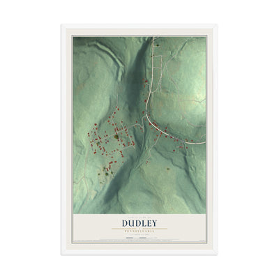 Map of Dudley, Pennsylvania, 12 x 18 inch print in a white wood frame