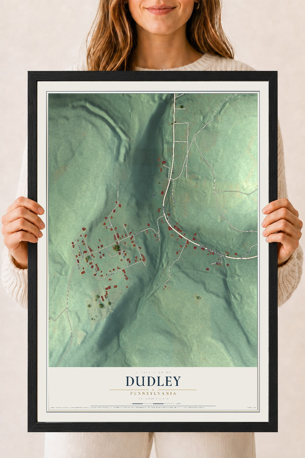 Map of Dudley, Pennsylvania, 18 x 24 inch print in a black wood frame