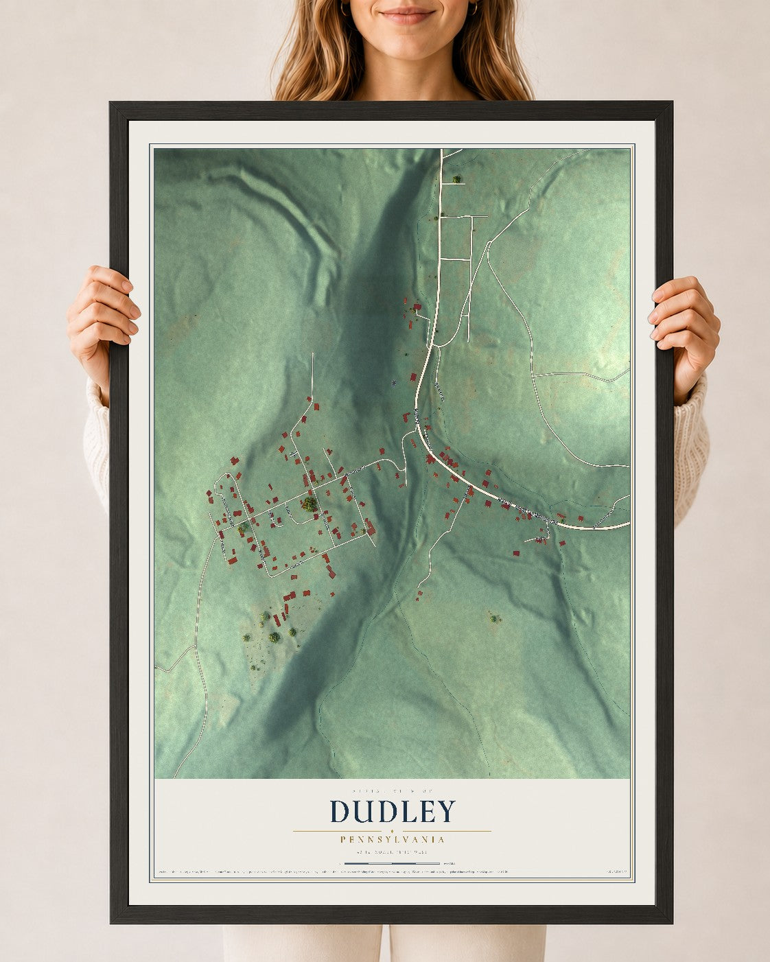 Map of Dudley, Pennsylvania, 24 x 36 inch print in a black wood frame