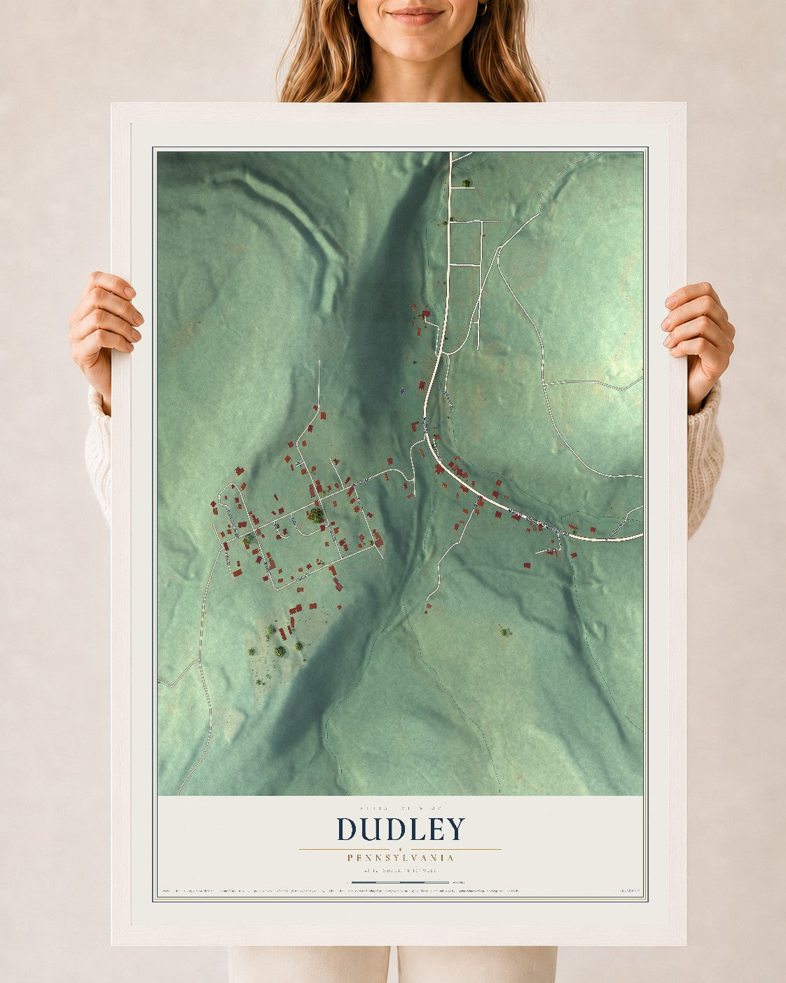 Map of Dudley, Pennsylvania, 24 x 36 inch print in a white wood frame