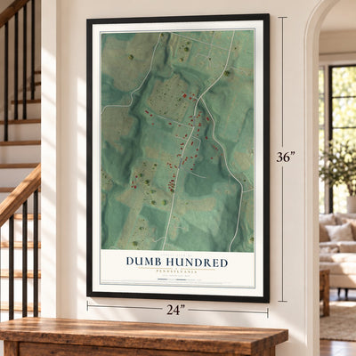 Dumb Hundred, Pennsylvania map, 24 x 36 inch print in a black frame by a staircase