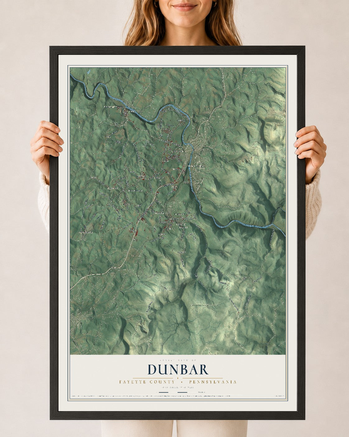 Map of Dunbar, Fayette County, Pennsylvania, 24 x 36 inch print in a black wood frame