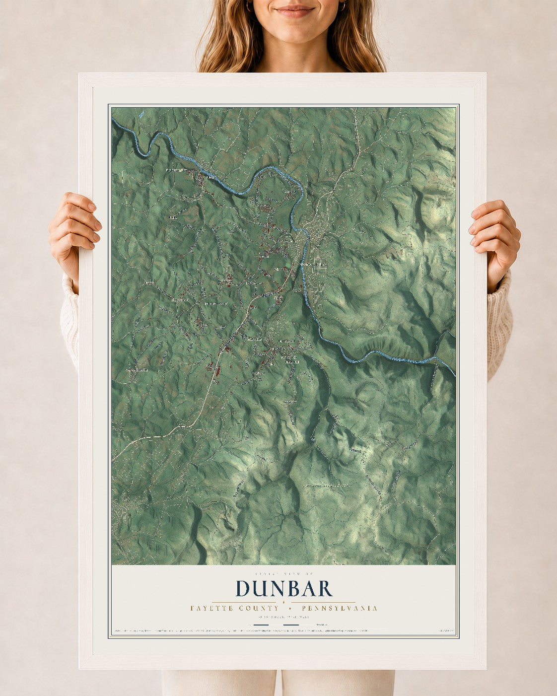 Map of Dunbar, Fayette County, Pennsylvania, 24 x 36 inch print in a white wood frame