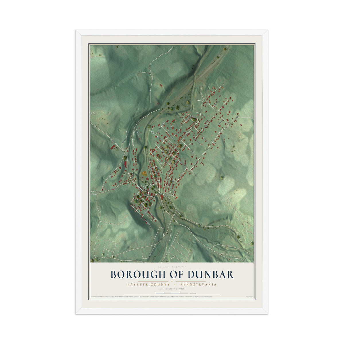 Map of the Borough of Dunbar, Fayette County, Pennsylvania, 12 x 18 inch print in a white wood frame