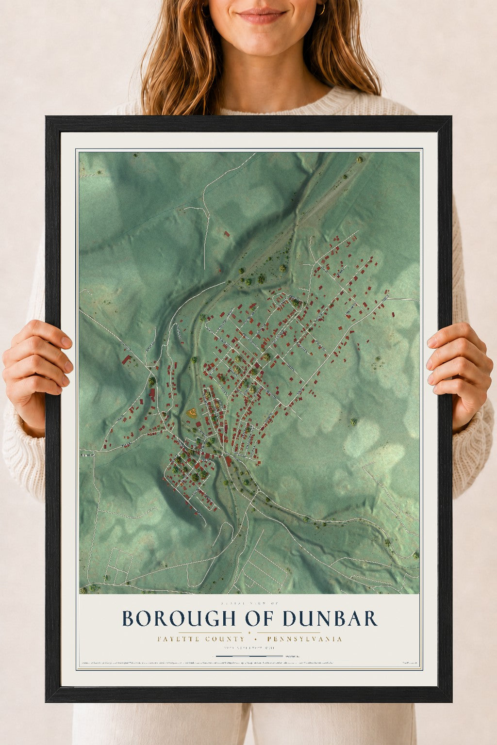 Map of the Borough of Dunbar, Fayette County, Pennsylvania, 18 x 24 inch print in a black wood frame