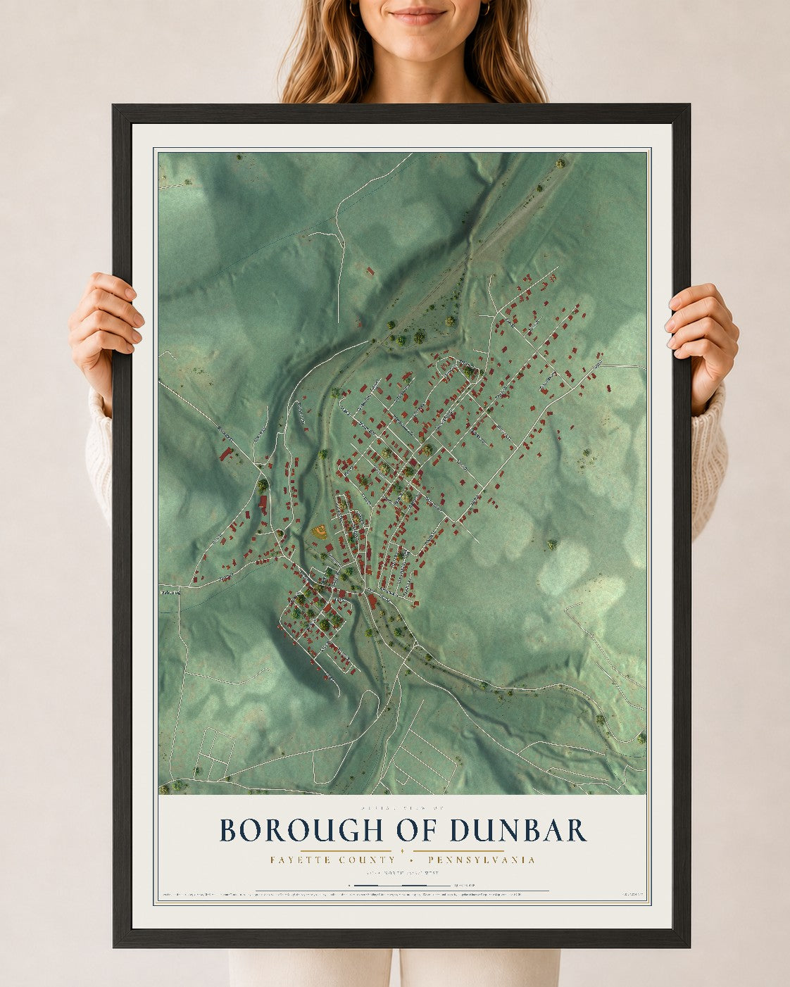 Map of the Borough of Dunbar, Fayette County, Pennsylvania, 24 x 36 inch print in a black wood frame