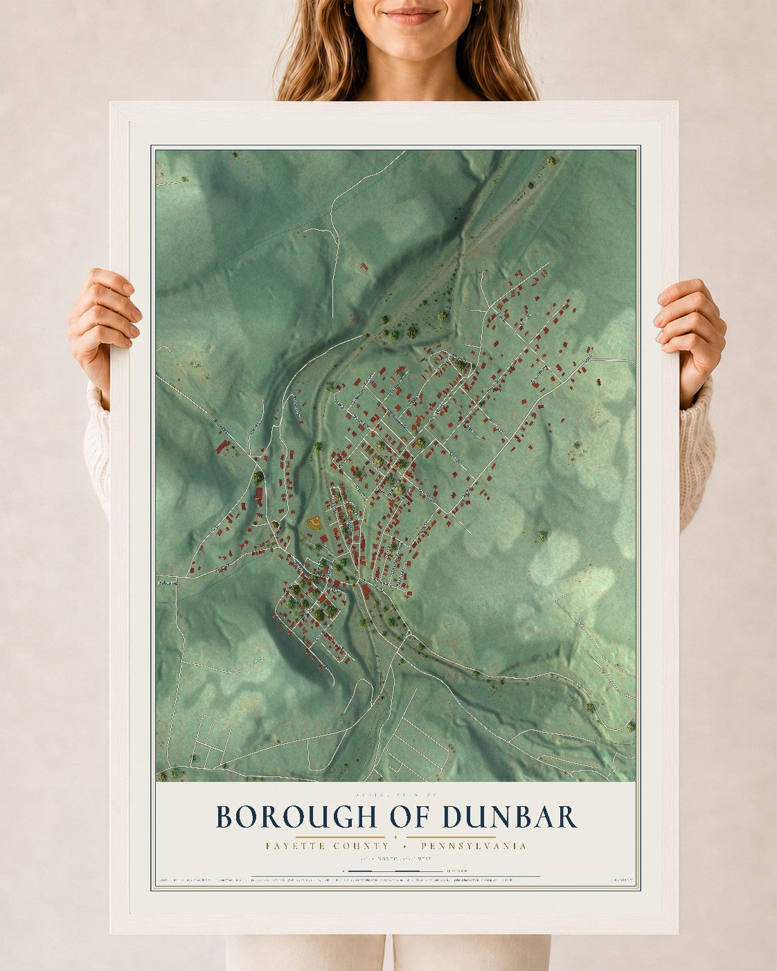 Map of the Borough of Dunbar, Fayette County, Pennsylvania, 24 x 36 inch print in a white wood frame
