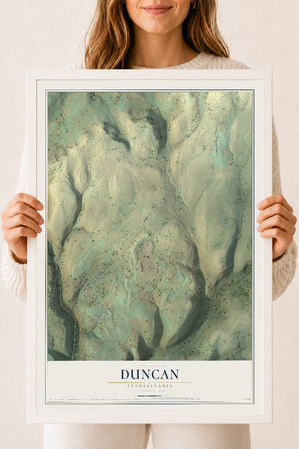 Map of Duncan, Pennsylvania, 18 x 24 inch print in a white wood frame