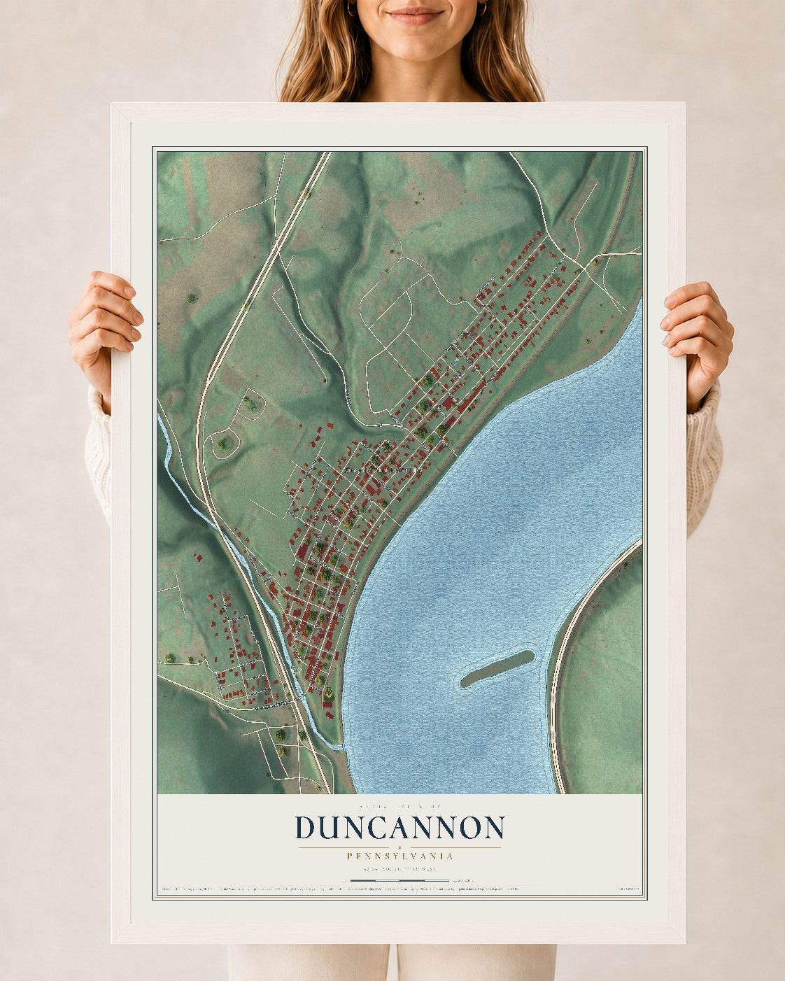 Map of Duncannon, Pennsylvania, 24 x 36 inch print in a white wood frame