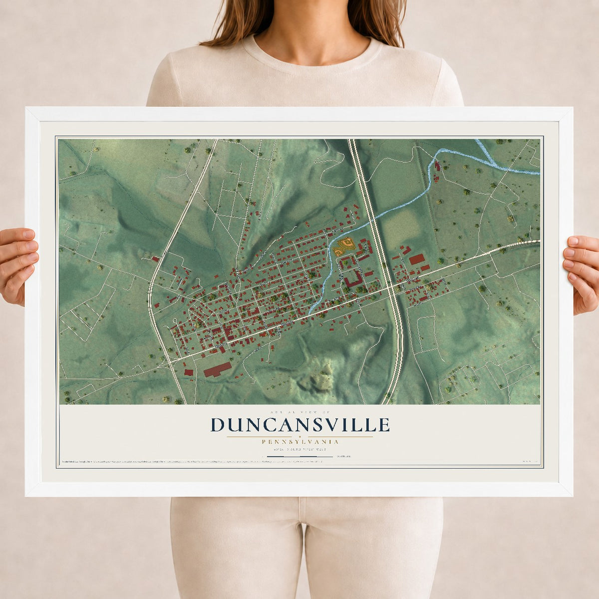 Map of Duncansville, Pennsylvania, 18 x 24 inch print in a white wood frame