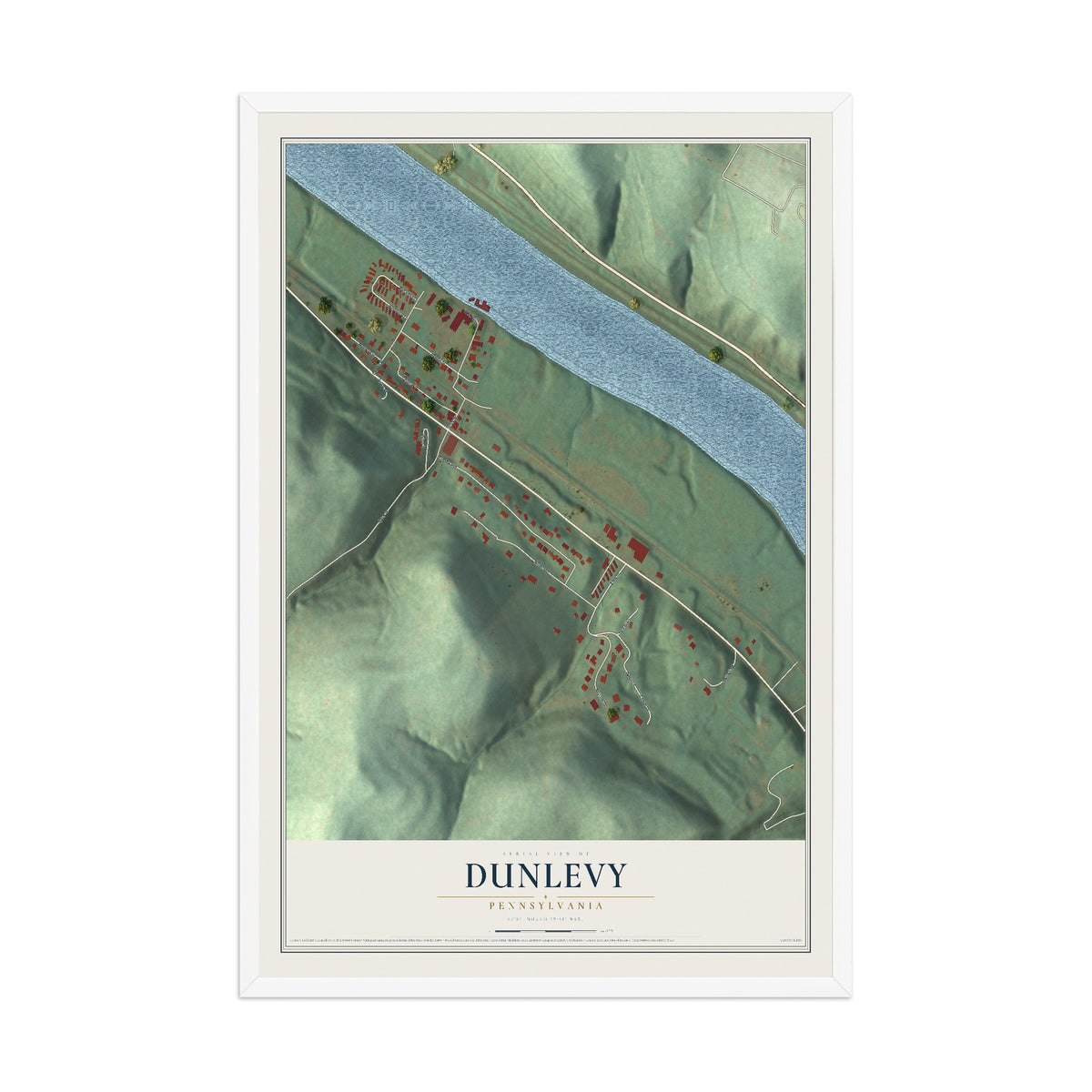 Map of Dunlevy, Pennsylvania, 12 x 18 inch print in a white wood frame