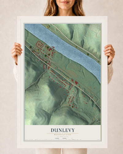 Map of Dunlevy, Pennsylvania, 24 x 36 inch print in a white wood frame