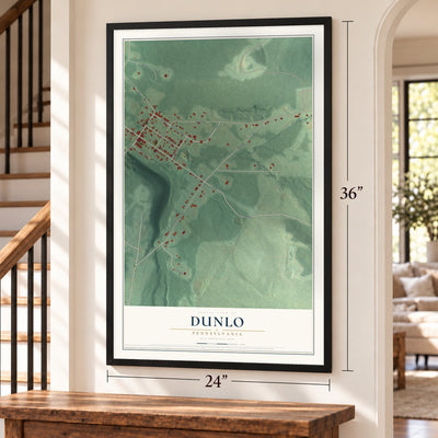 Dunlo, Pennsylvania map, 24 x 36 inch print in a black frame by a staircase