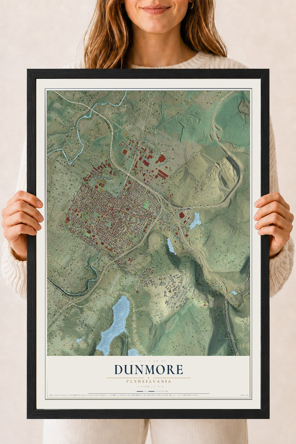 Map of Dunmore, Pennsylvania, 18 x 24 inch print in a black wood frame