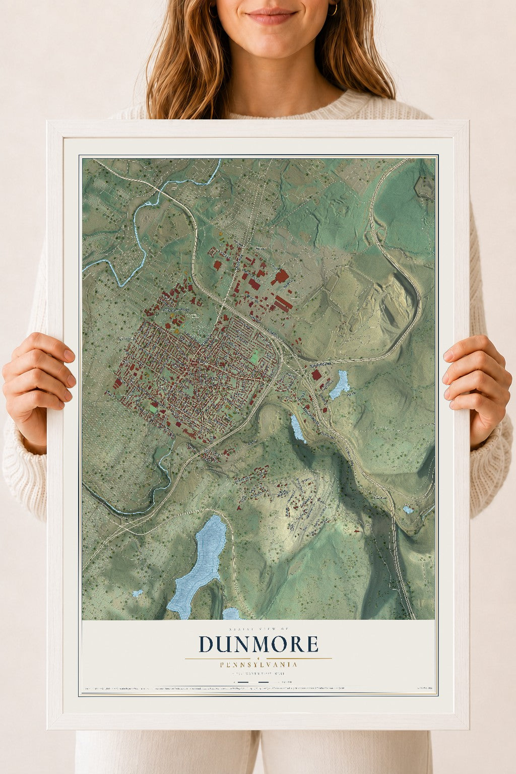 Map of Dunmore, Pennsylvania, 18 x 24 inch print in a white wood frame