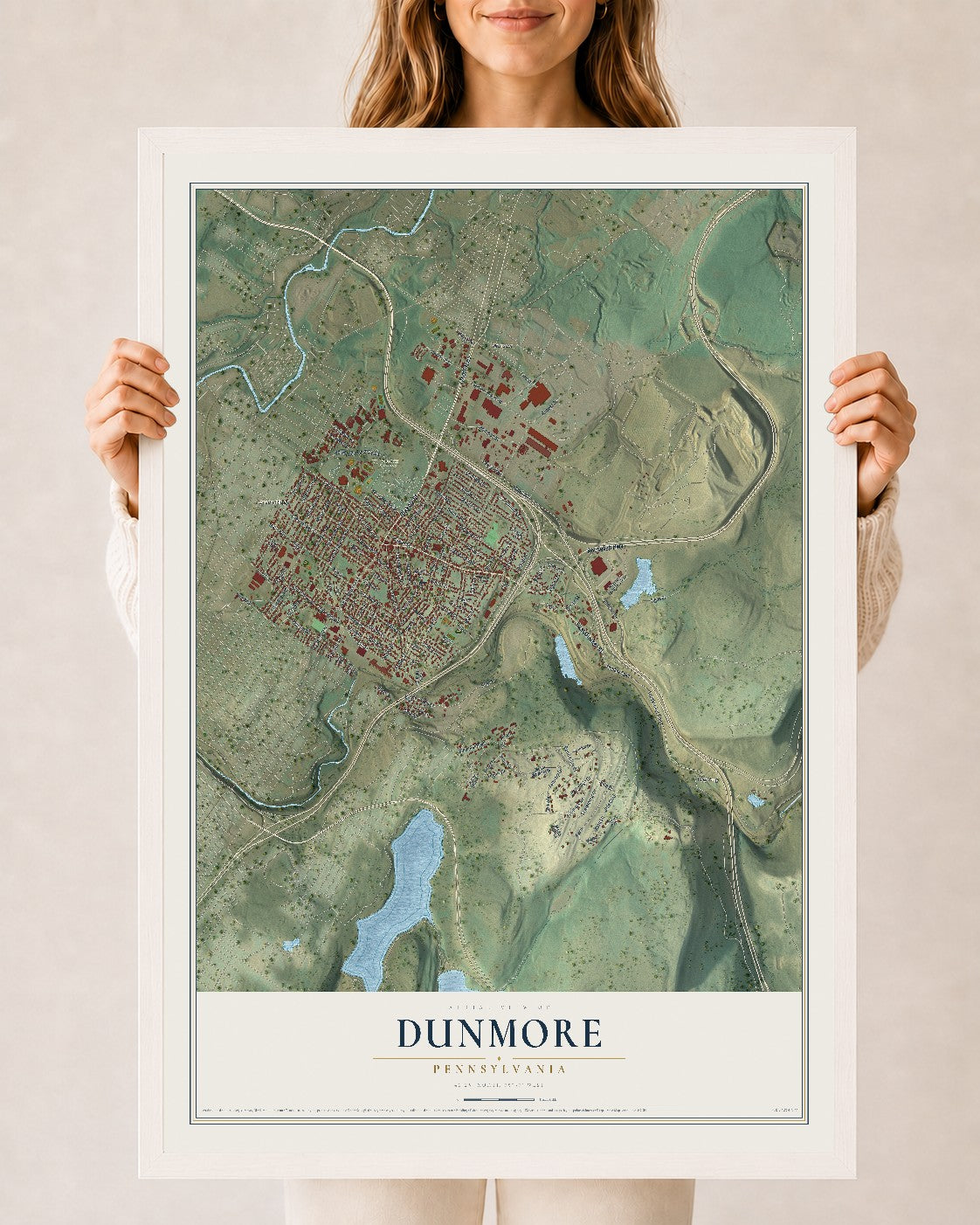 Map of Dunmore, Pennsylvania, 24 x 36 inch print in a white wood frame