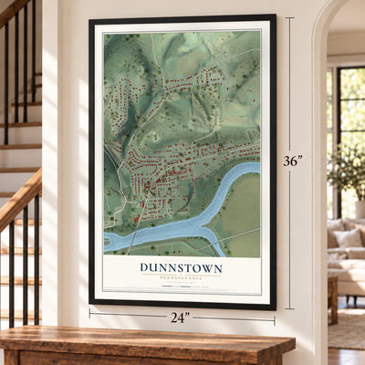 Dunnstown, Pennsylvania map, 24 x 36 inch print in a black frame by a staircase