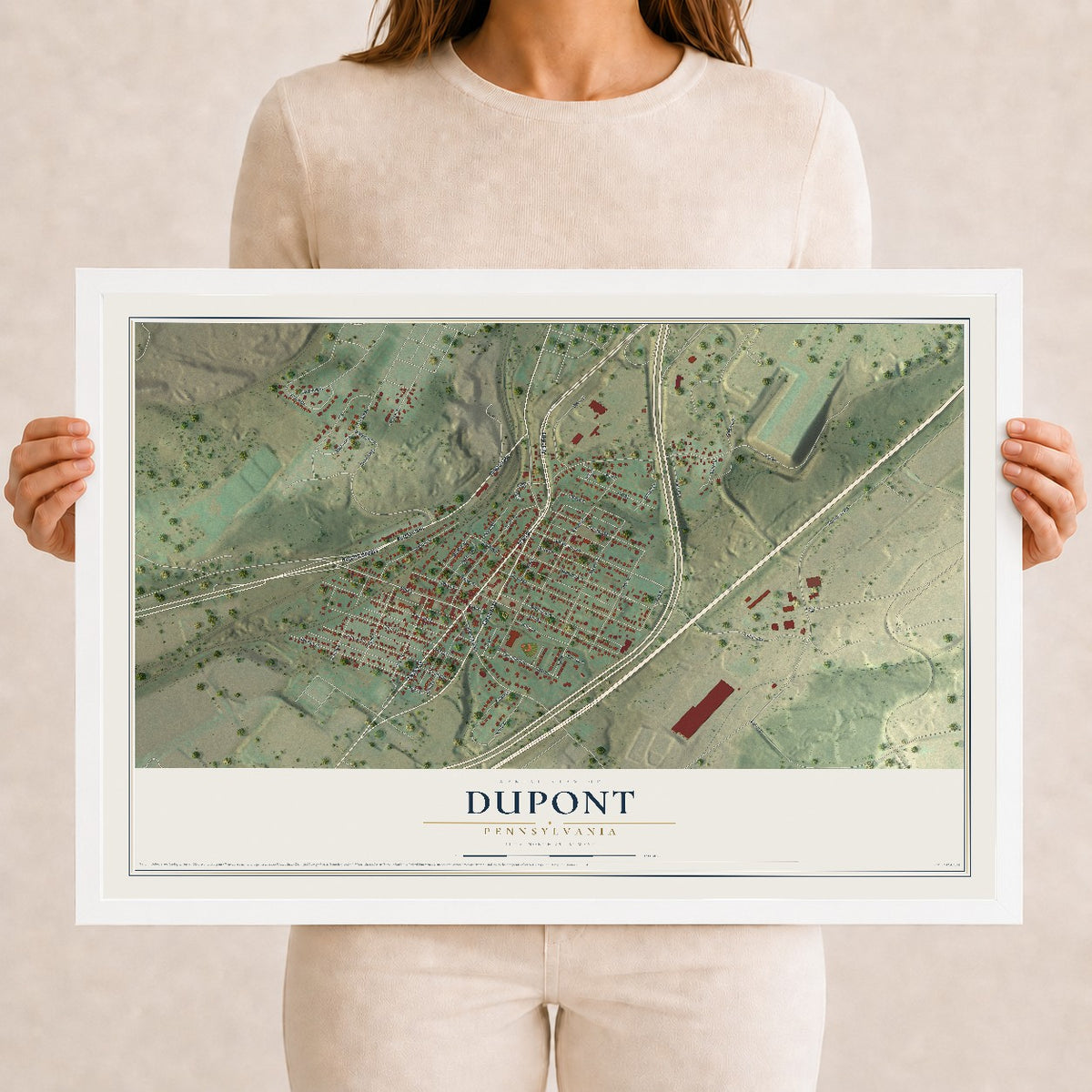 Map of Dupont, Pennsylvania, 12 x 18 inch print in a white wood frame