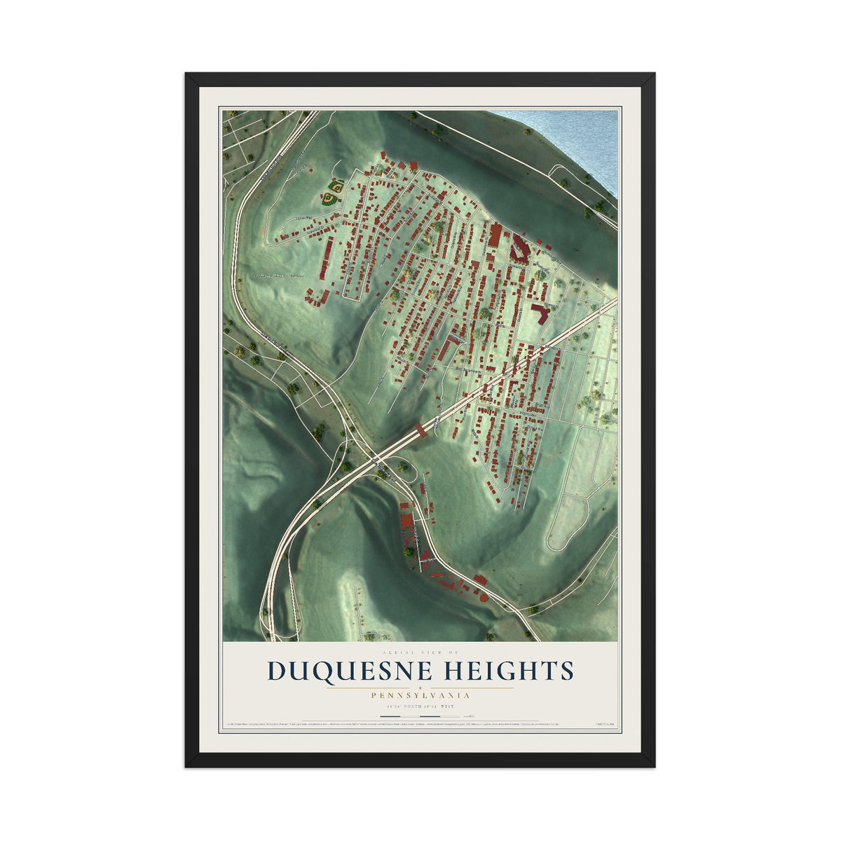 Map of Duquesne Heights, Pennsylvania, 12 x 18 inch print in a black wood frame