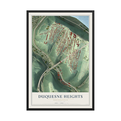 Map of Duquesne Heights, Pennsylvania, 12 x 18 inch print in a black wood frame
