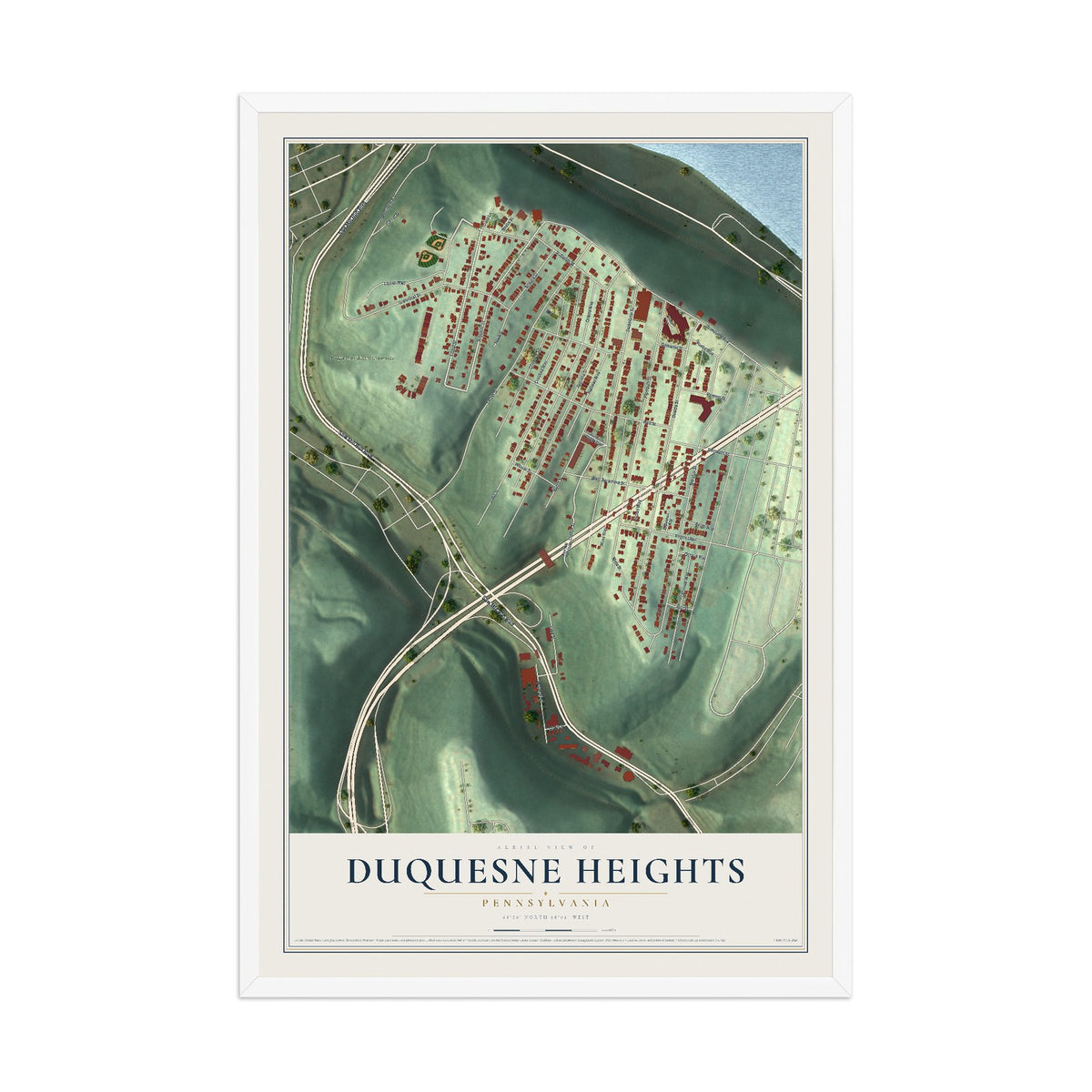 Map of Duquesne Heights, Pennsylvania, 12 x 18 inch print in a white wood frame