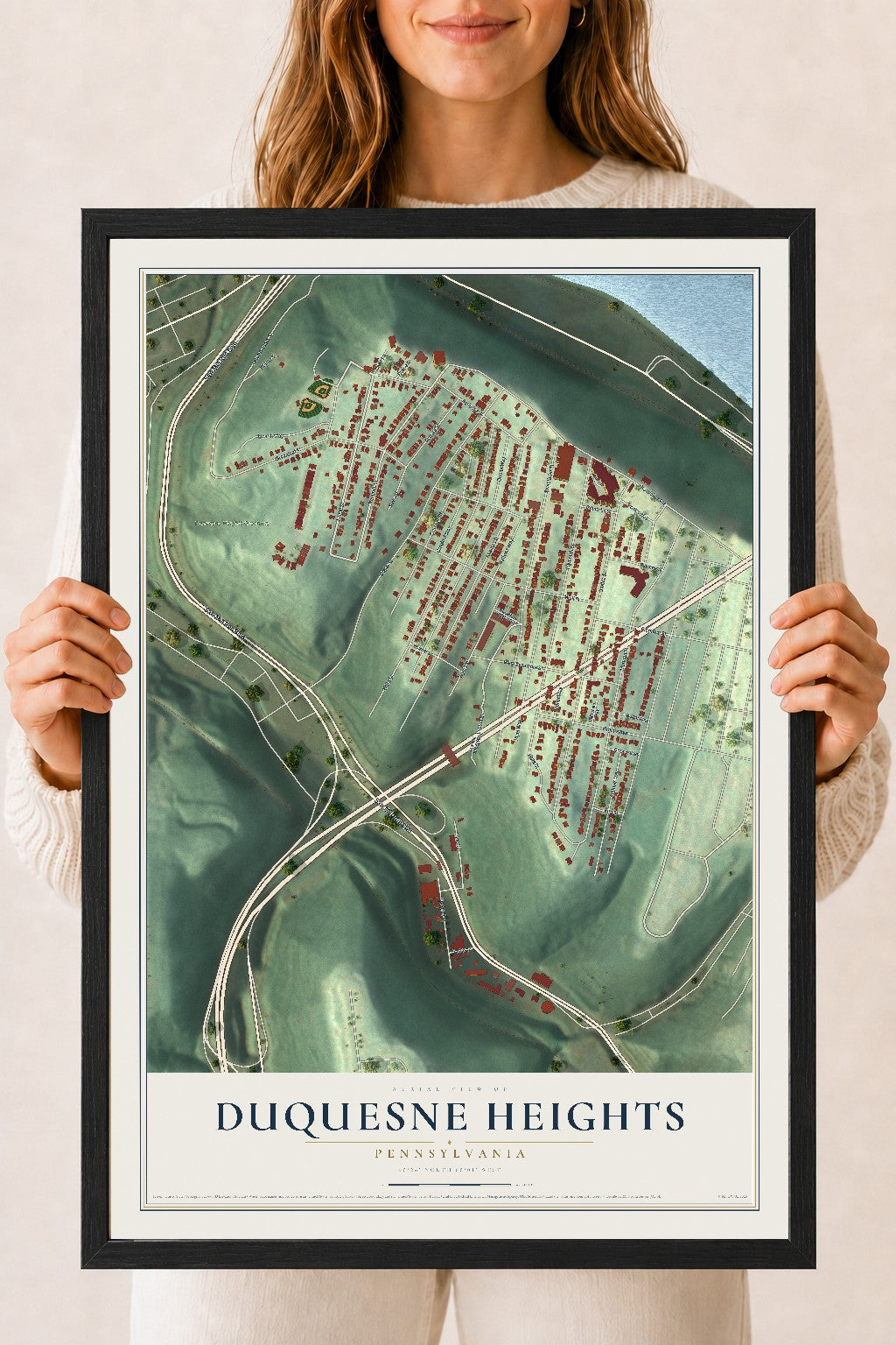 Map of Duquesne Heights, Pennsylvania, 18 x 24 inch print in a black wood frame