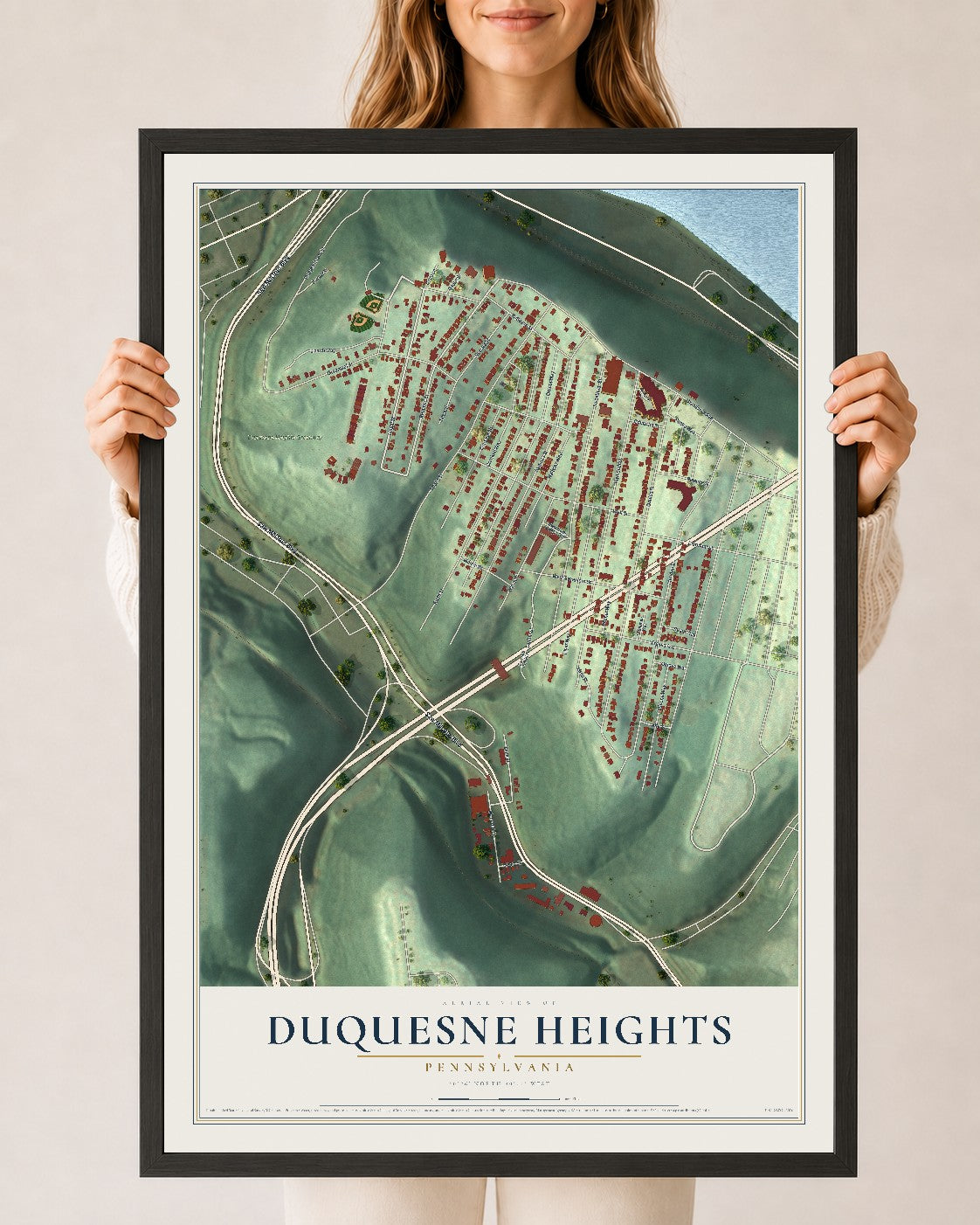 Map of Duquesne Heights, Pennsylvania, 24 x 36 inch print in a black wood frame