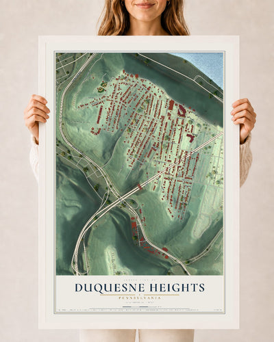 Map of Duquesne Heights, Pennsylvania, 24 x 36 inch print in a white wood frame