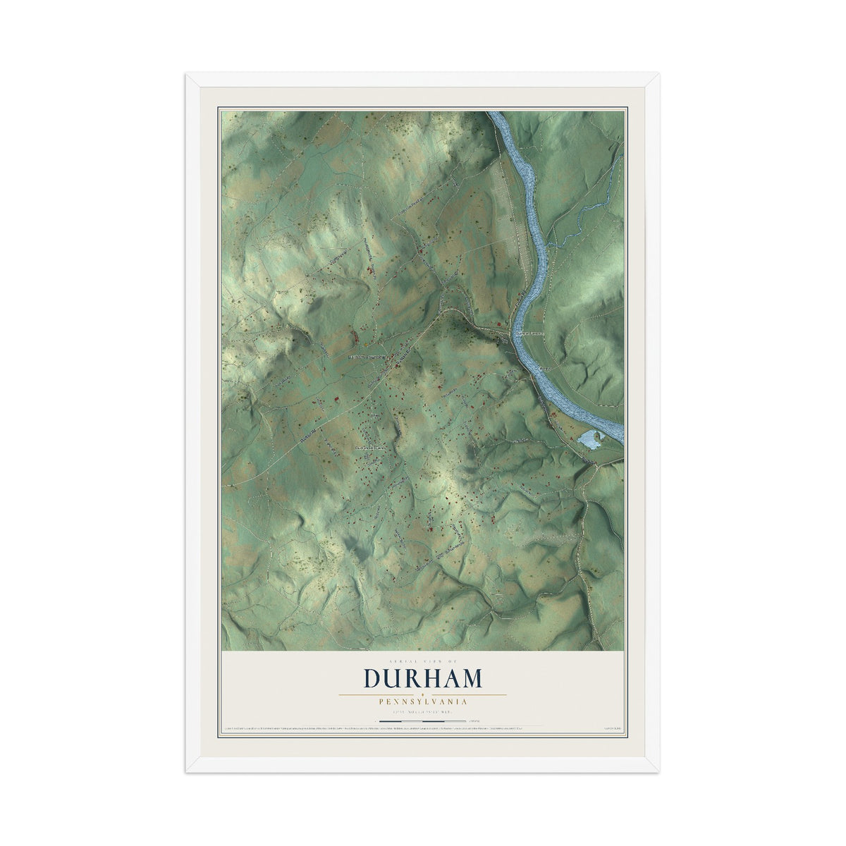 Map of Durham, Pennsylvania, 12 x 18 inch print in a white wood frame