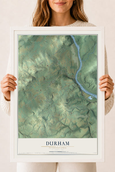 Map of Durham, Pennsylvania, 18 x 24 inch print in a white wood frame