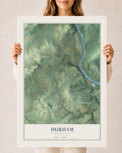 Map of Durham, Pennsylvania, 24 x 36 inch print in a white wood frame