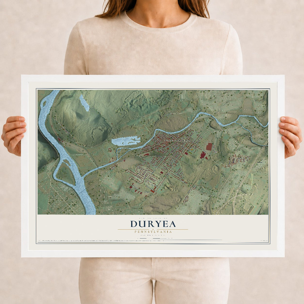 Map of Duryea, Pennsylvania, 12 x 18 inch print in a white wood frame