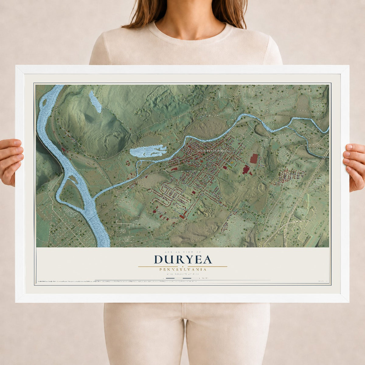 Map of Duryea, Pennsylvania, 18 x 24 inch print in a white wood frame