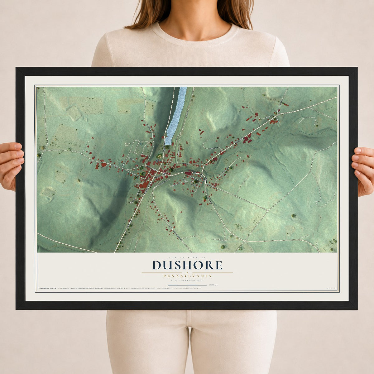 Map of Dushore, Pennsylvania, 18 x 24 inch print in a black wood frame