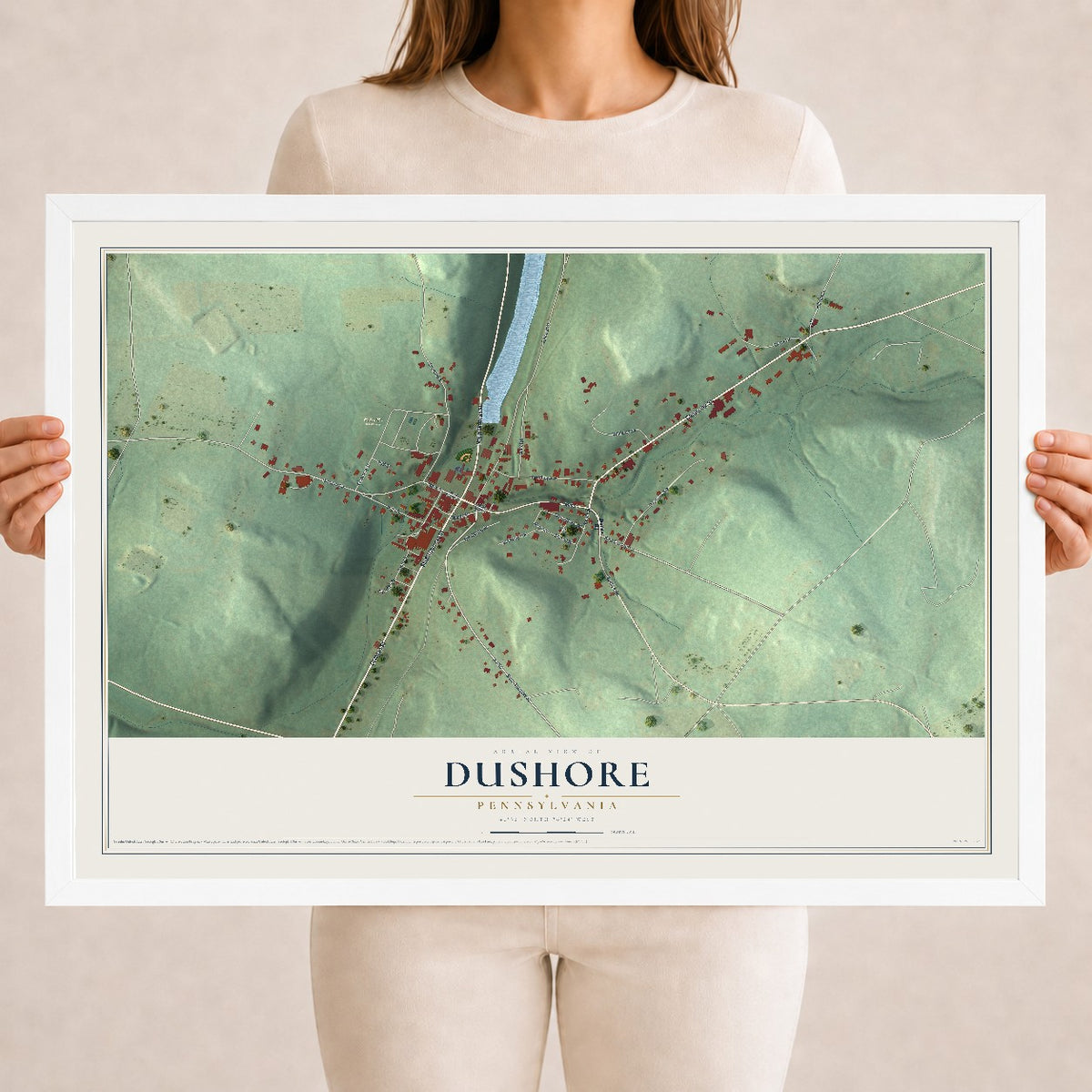 Map of Dushore, Pennsylvania, 18 x 24 inch print in a white wood frame