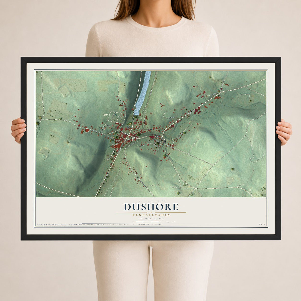 Map of Dushore, Pennsylvania, 24 x 36 inch print in a black wood frame