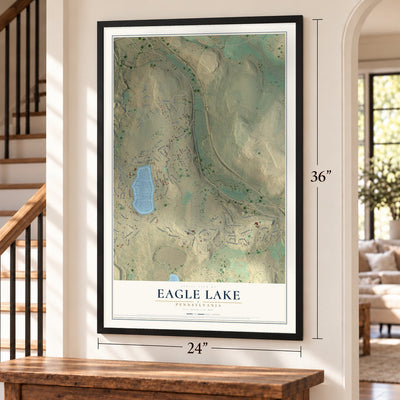 Eagle Lake, Pennsylvania map, 24 x 36 inch print in a black frame by a staircase