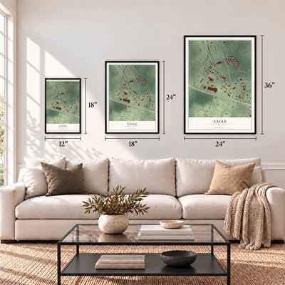 Eagle, Pennsylvania map in 12 x 18, 18 x 24 and 24 x 36 inch sizes above a sofa