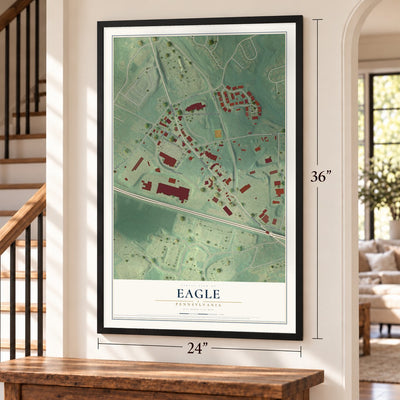 Eagle, Pennsylvania map, 24 x 36 inch print in a black frame by a staircase