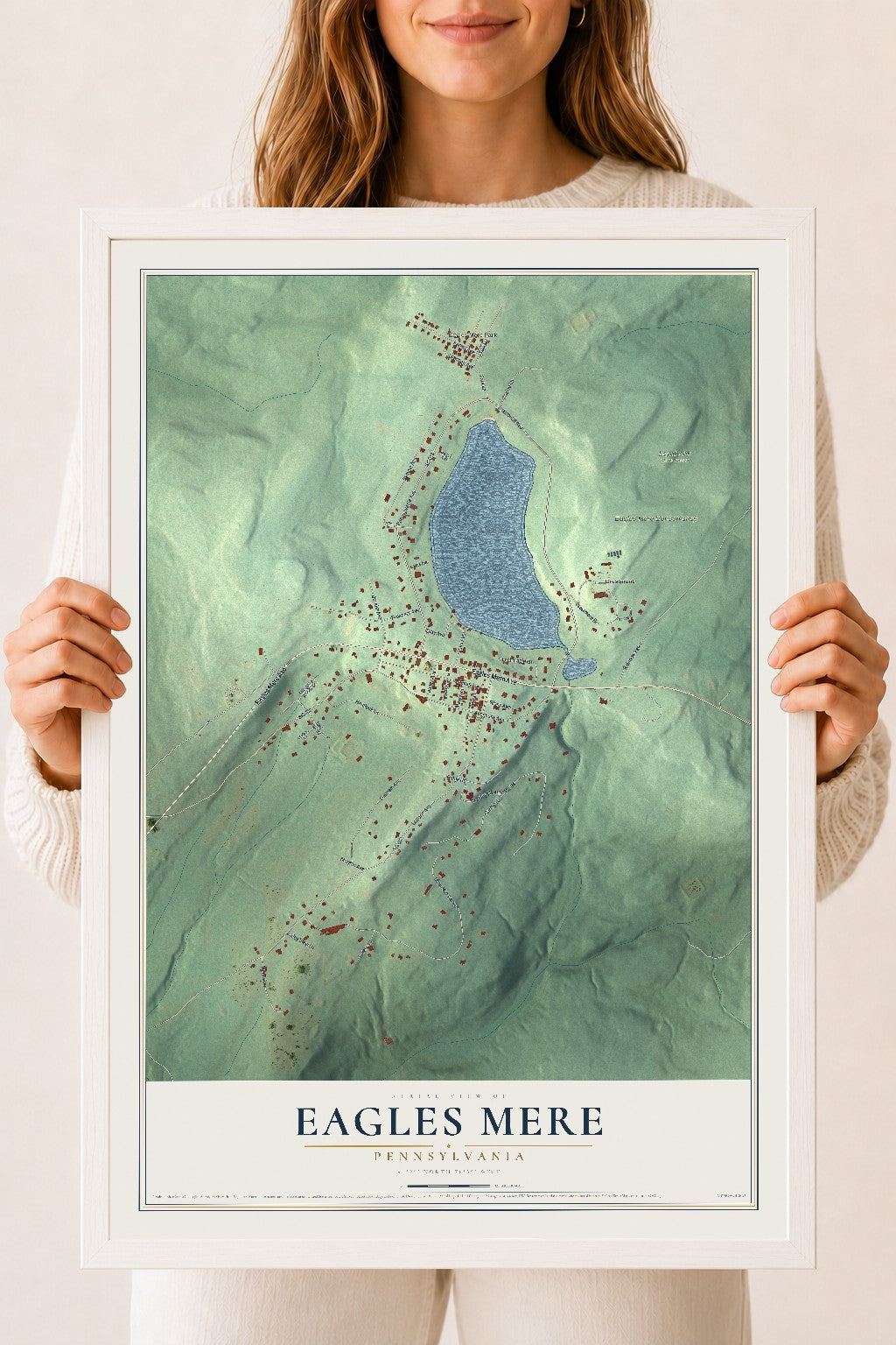 Map of Eagles Mere, Pennsylvania, 18 x 24 inch print in a white wood frame