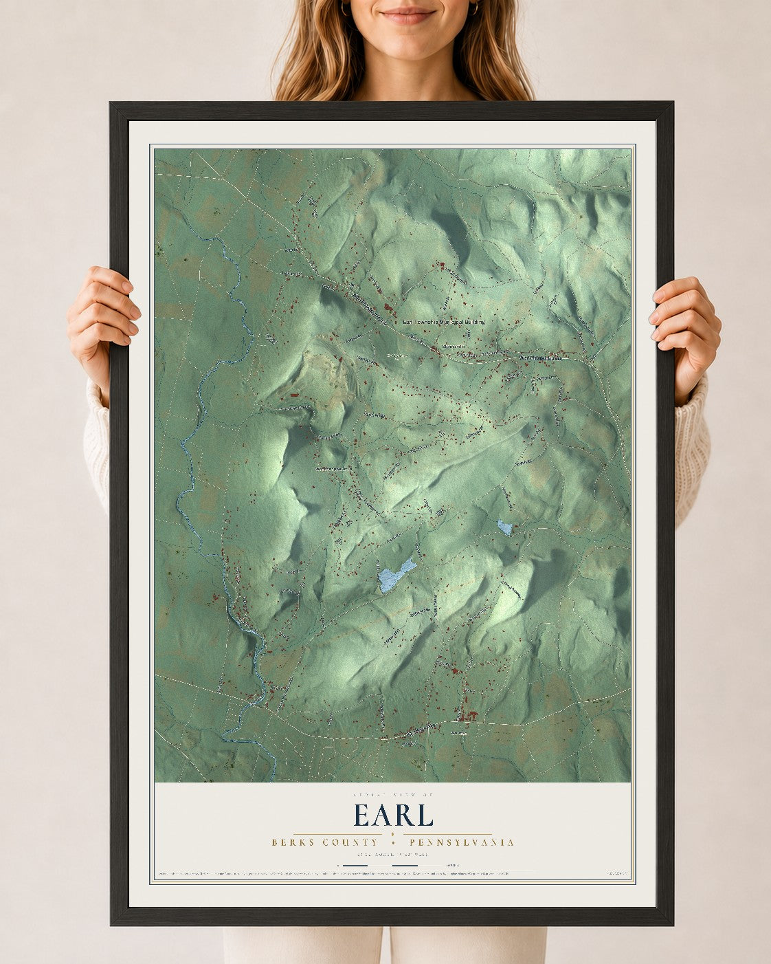 Map of Earl, Berks County, Pennsylvania, 24 x 36 inch print in a black wood frame