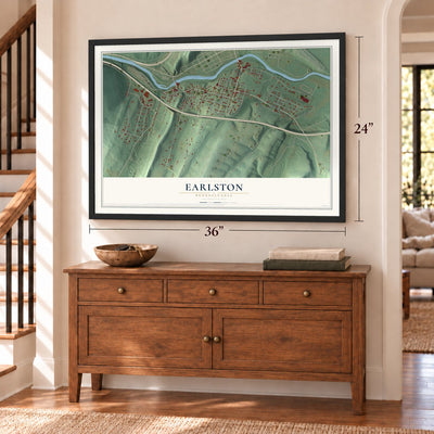 Earlston, Pennsylvania map, 24 x 36 inch print in a black frame above a dresser by a staircase
