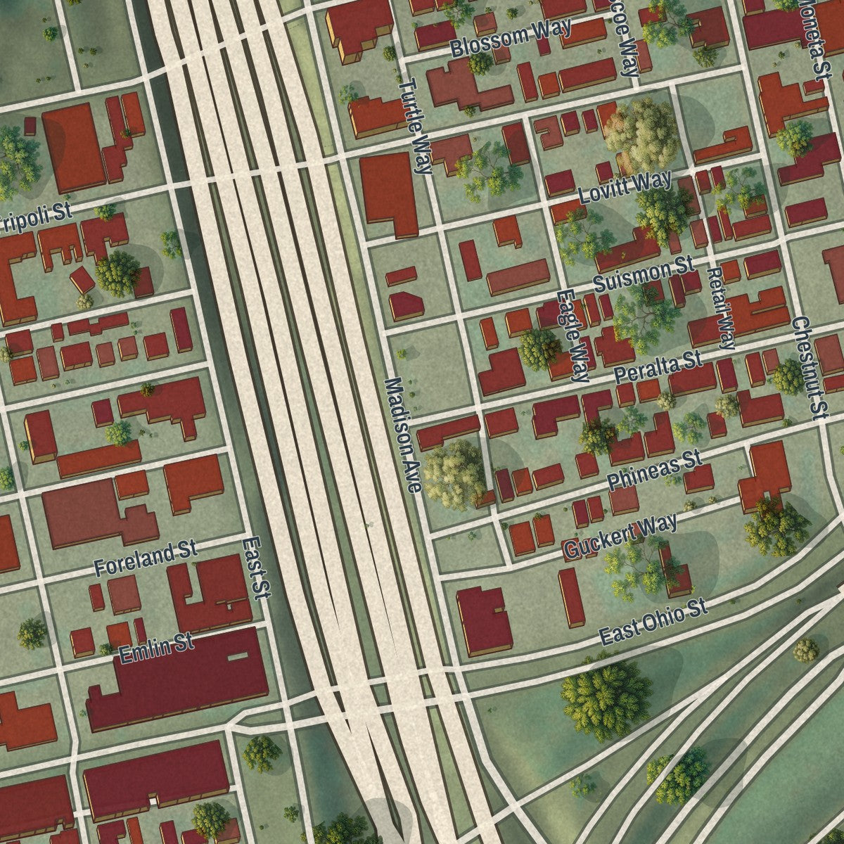 Close-up of the map of East Allegheny, Pennsylvania print showing street and building detail