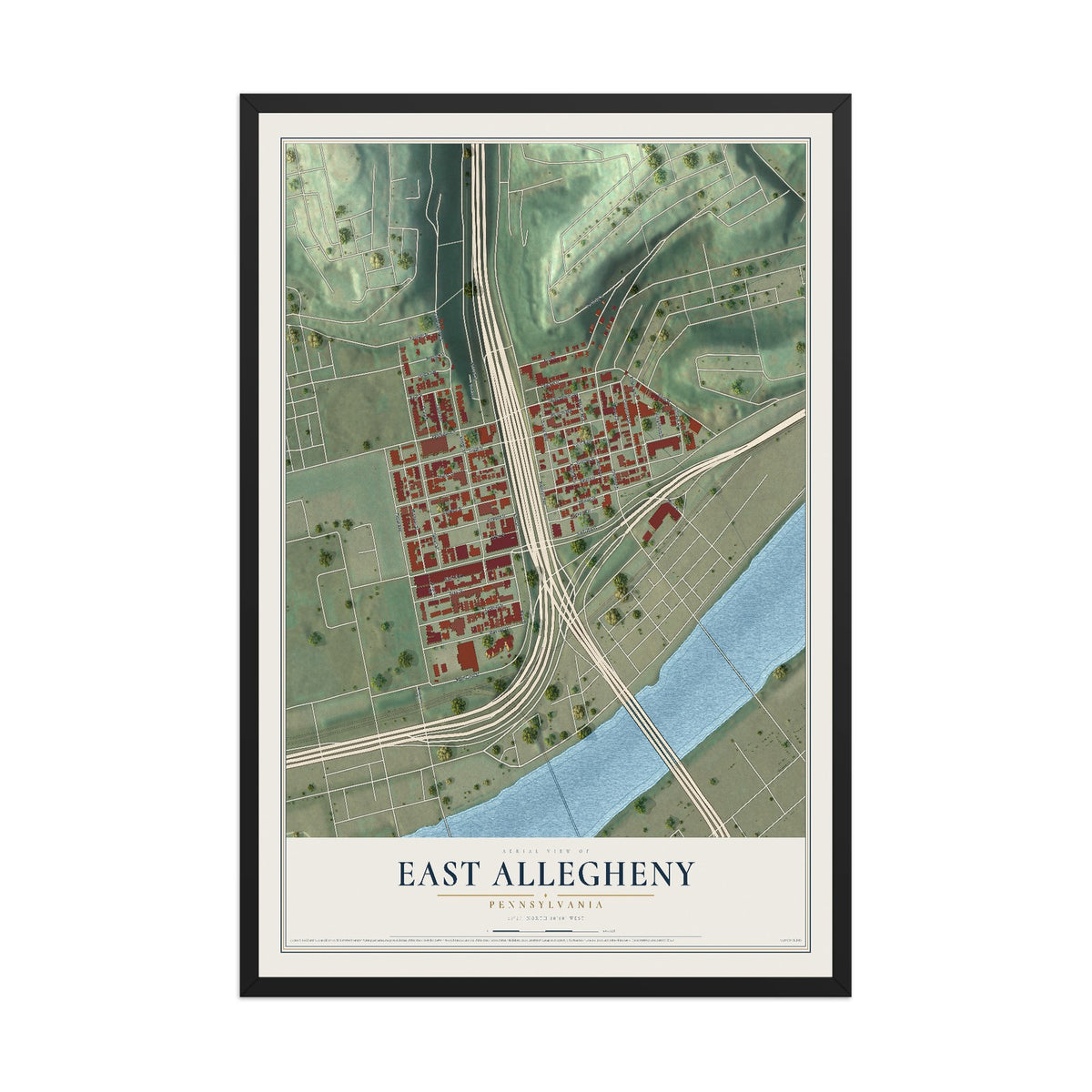 Map of East Allegheny, Pennsylvania, 12 x 18 inch print in a black wood frame