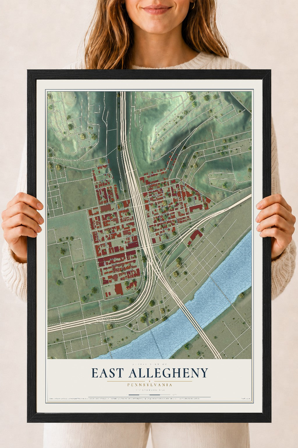 Map of East Allegheny, Pennsylvania, 18 x 24 inch print in a black wood frame
