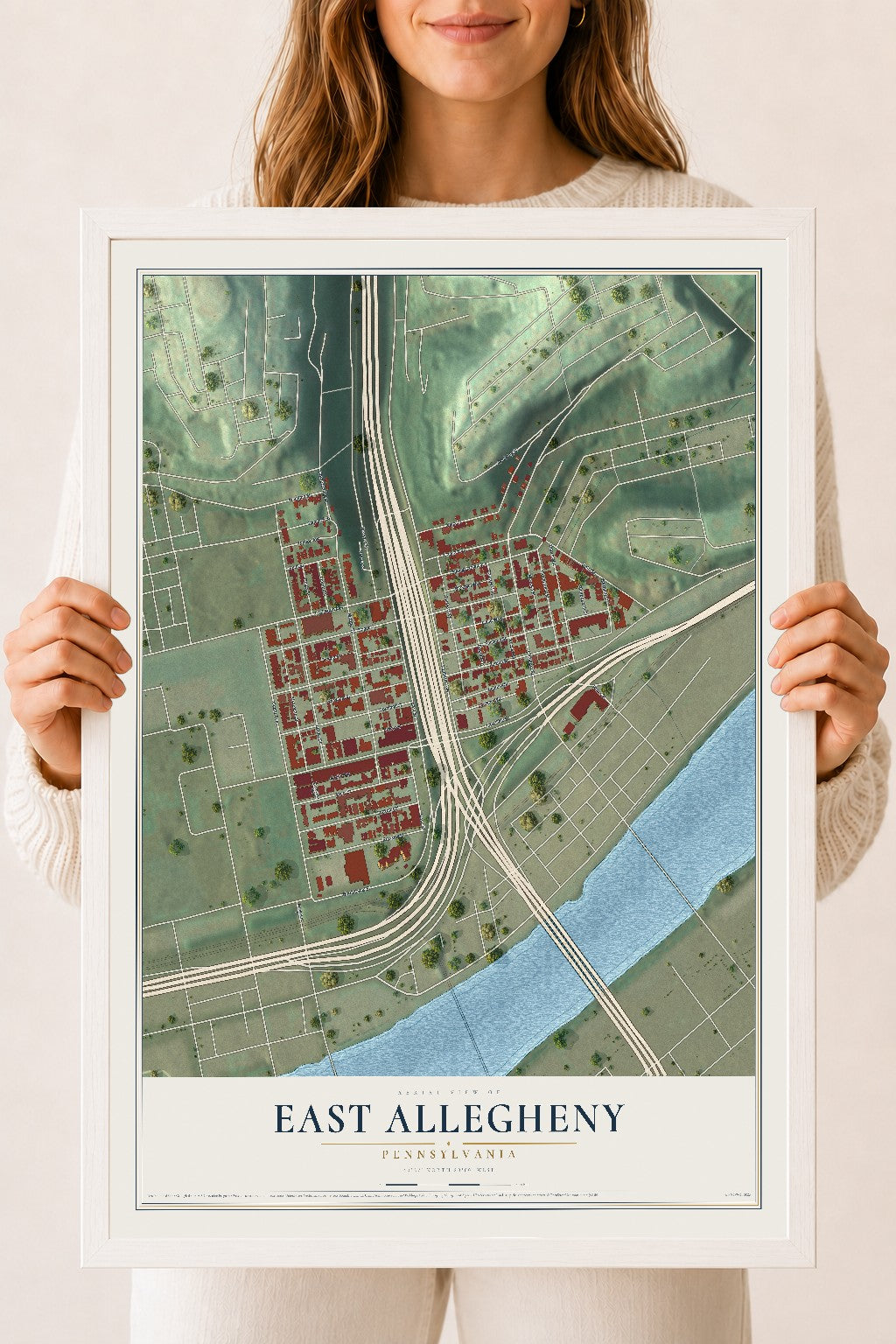 Map of East Allegheny, Pennsylvania, 18 x 24 inch print in a white wood frame
