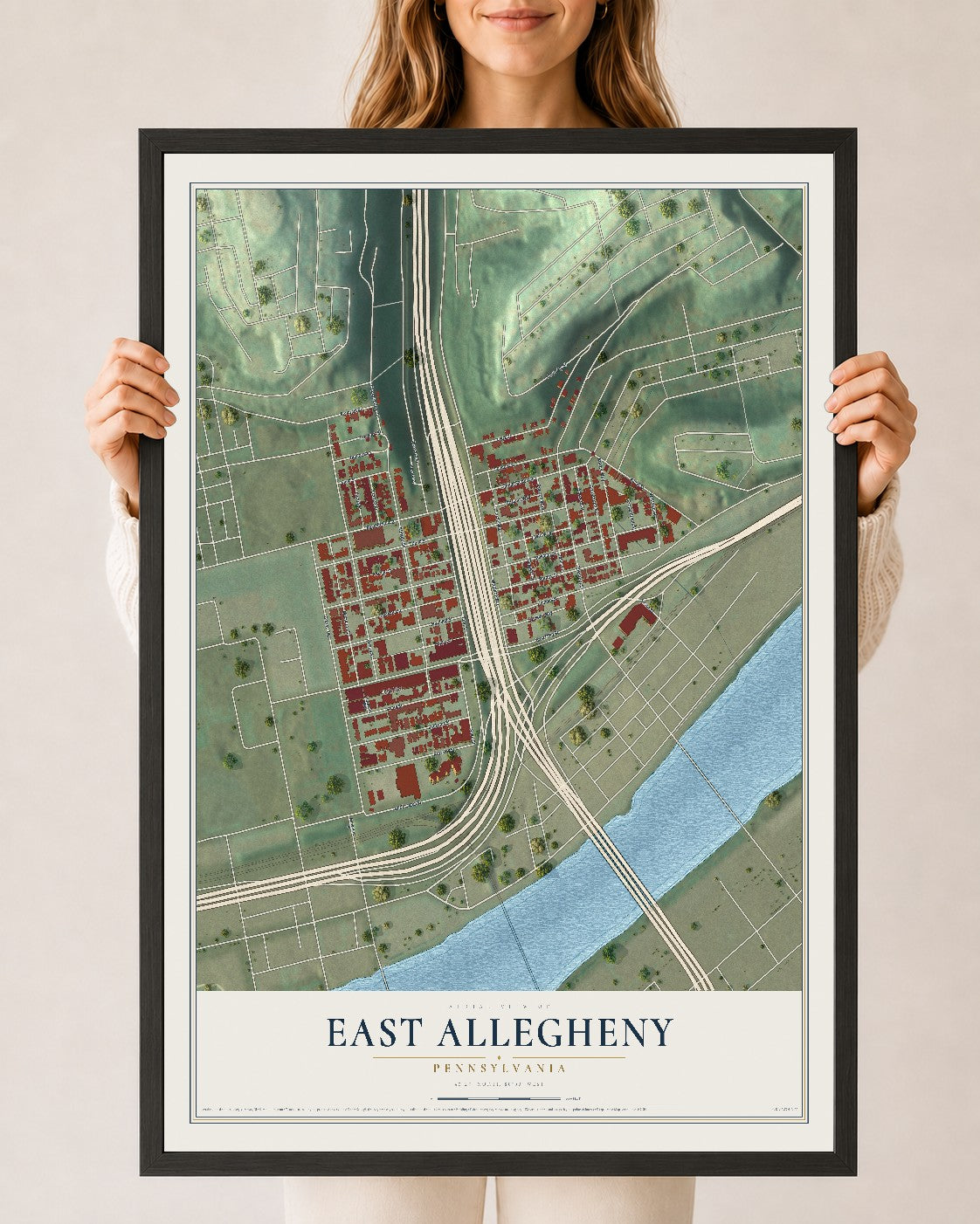 Map of East Allegheny, Pennsylvania, 24 x 36 inch print in a black wood frame