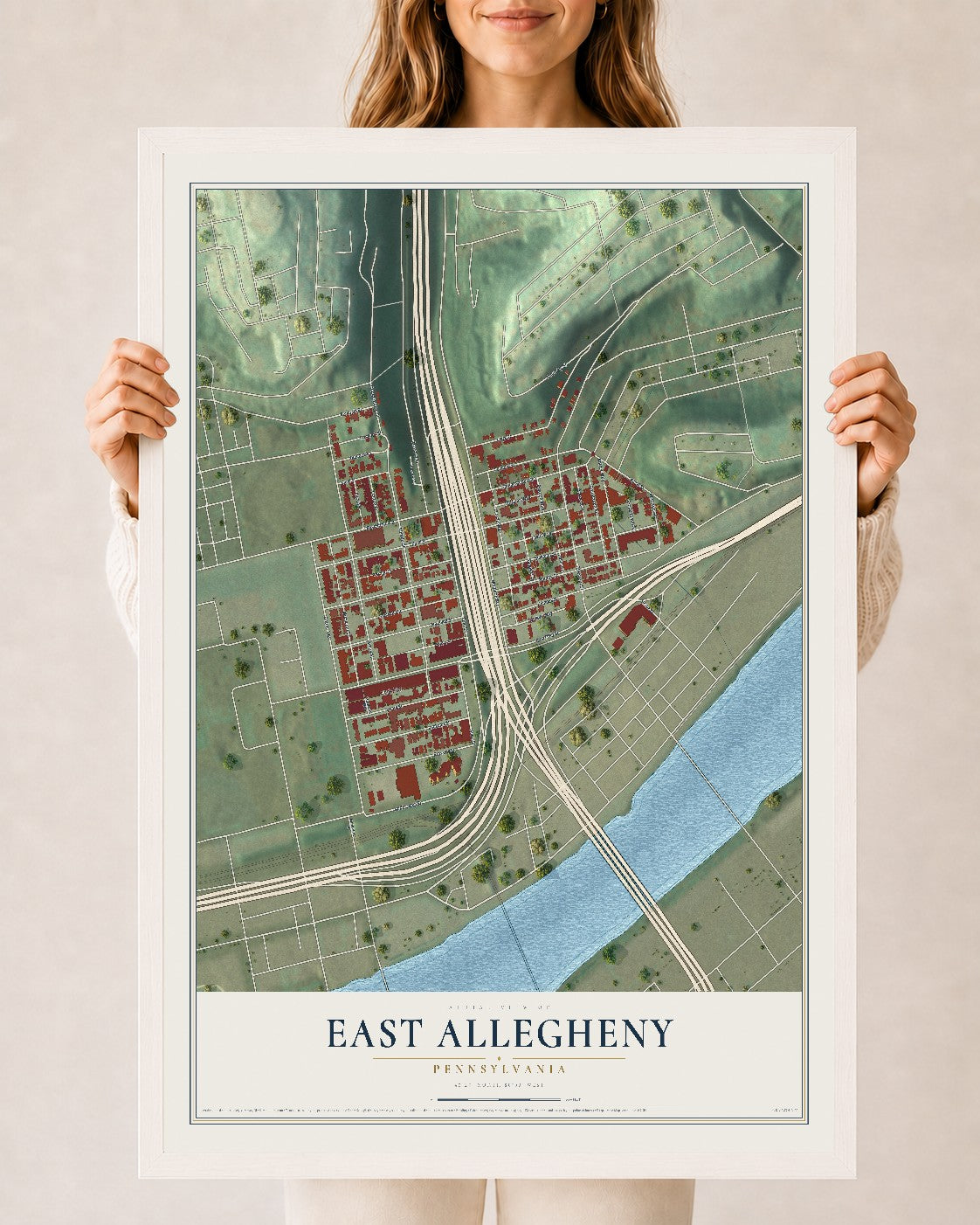Map of East Allegheny, Pennsylvania, 24 x 36 inch print in a white wood frame